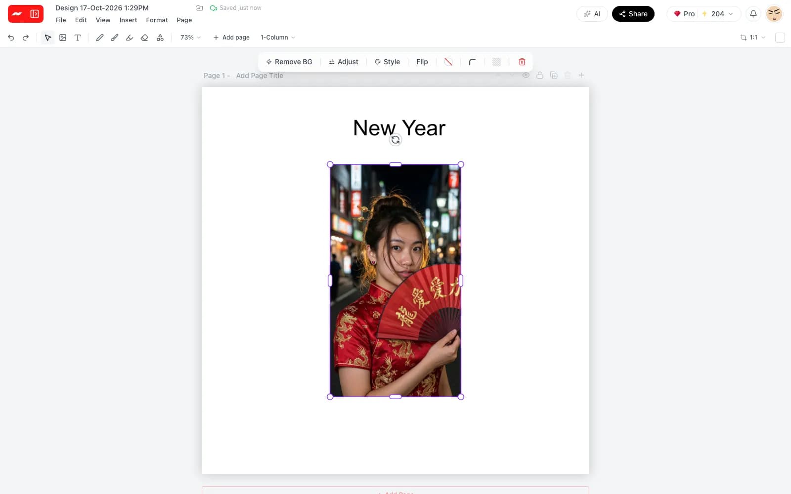 The Hugogen photo editor with a portrait selected and its Remove BG, Adjust and Style tools showing