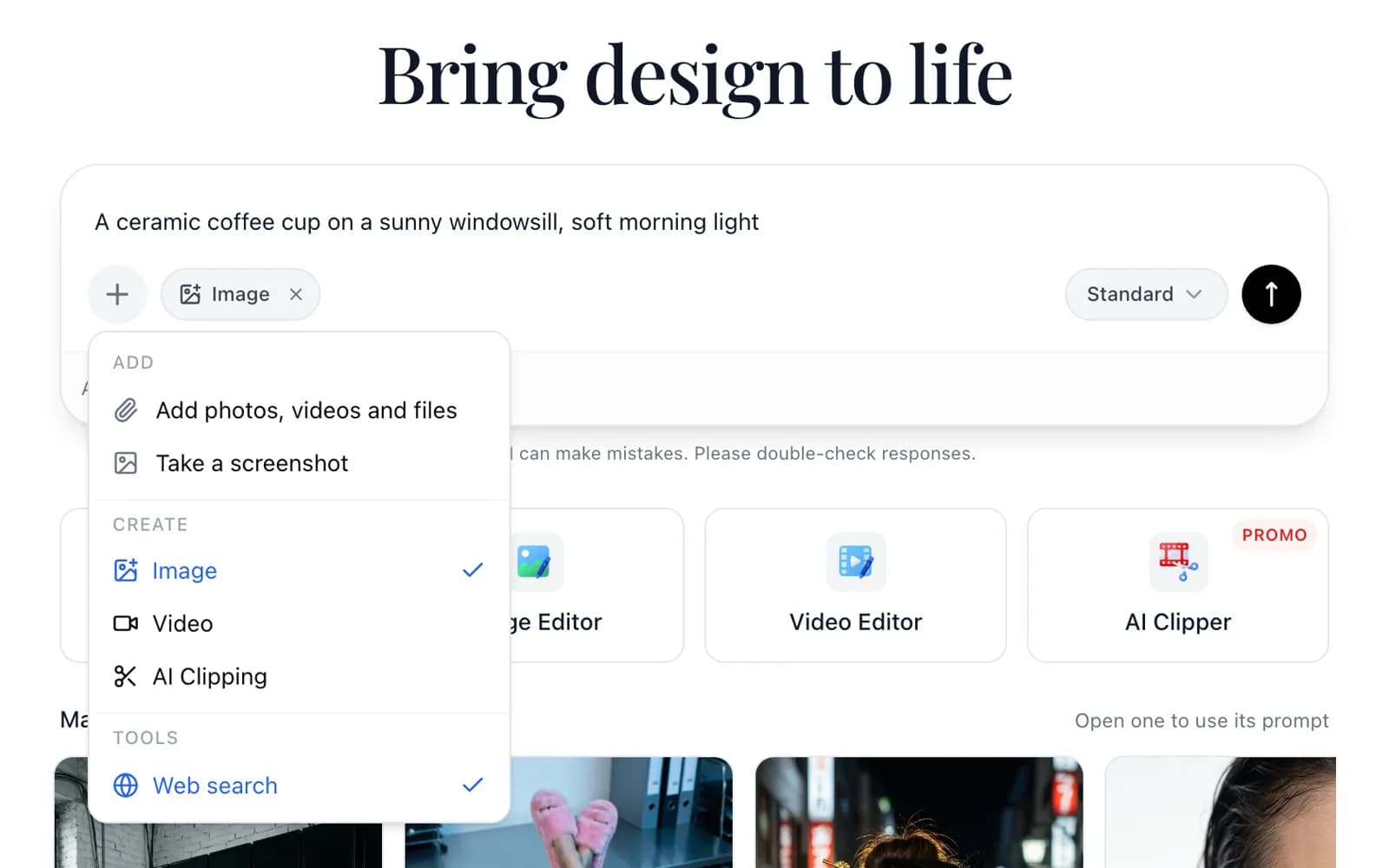 The composer's plus menu with options to add photos and to switch between Image, Video and AI Clipping