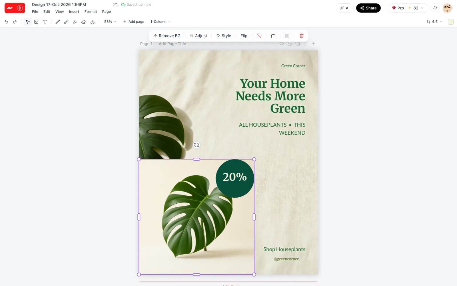 An AI-made picture of a monstera leaf selected in the image editor, with Remove BG, Adjust and Style above it