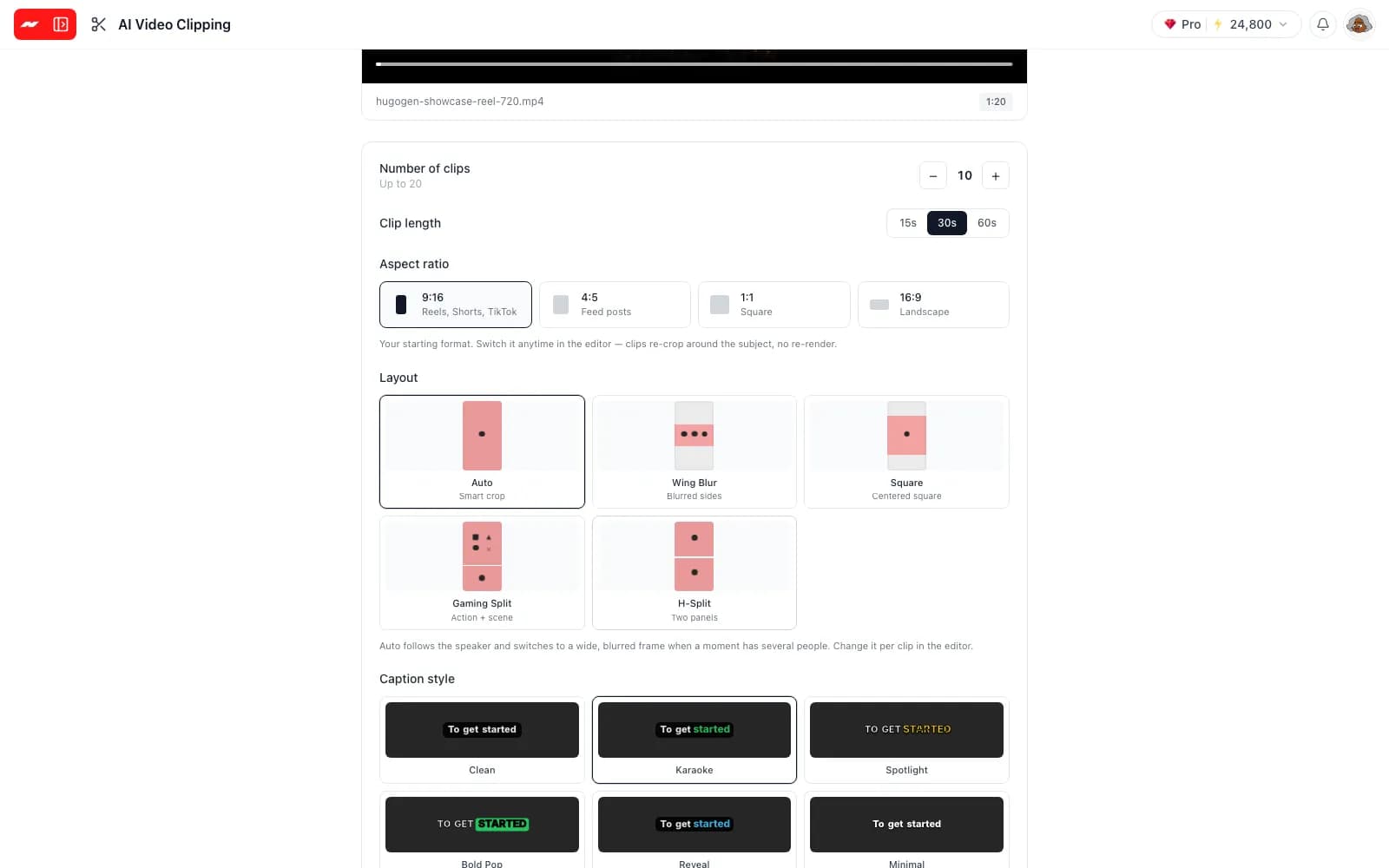 The clip count, clip length, shape and layout settings on the AI clipping screen, with a video added