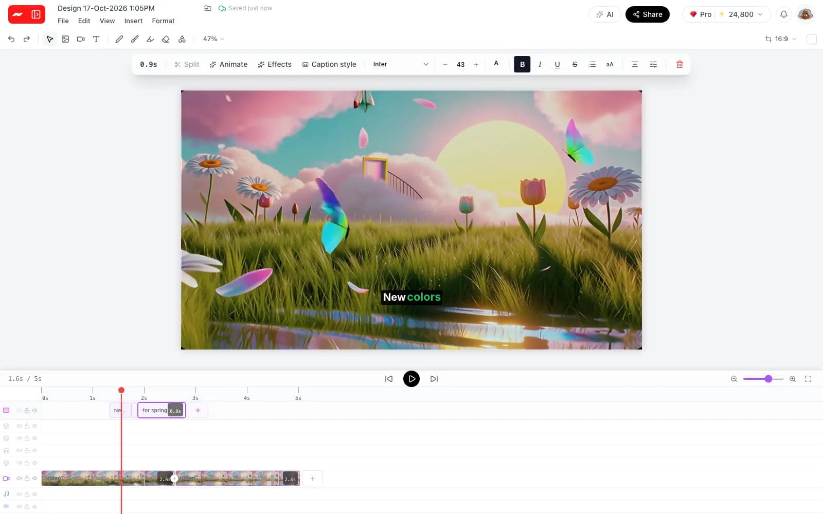 Captions on their own track in the Hugogen video editor, one caption selected