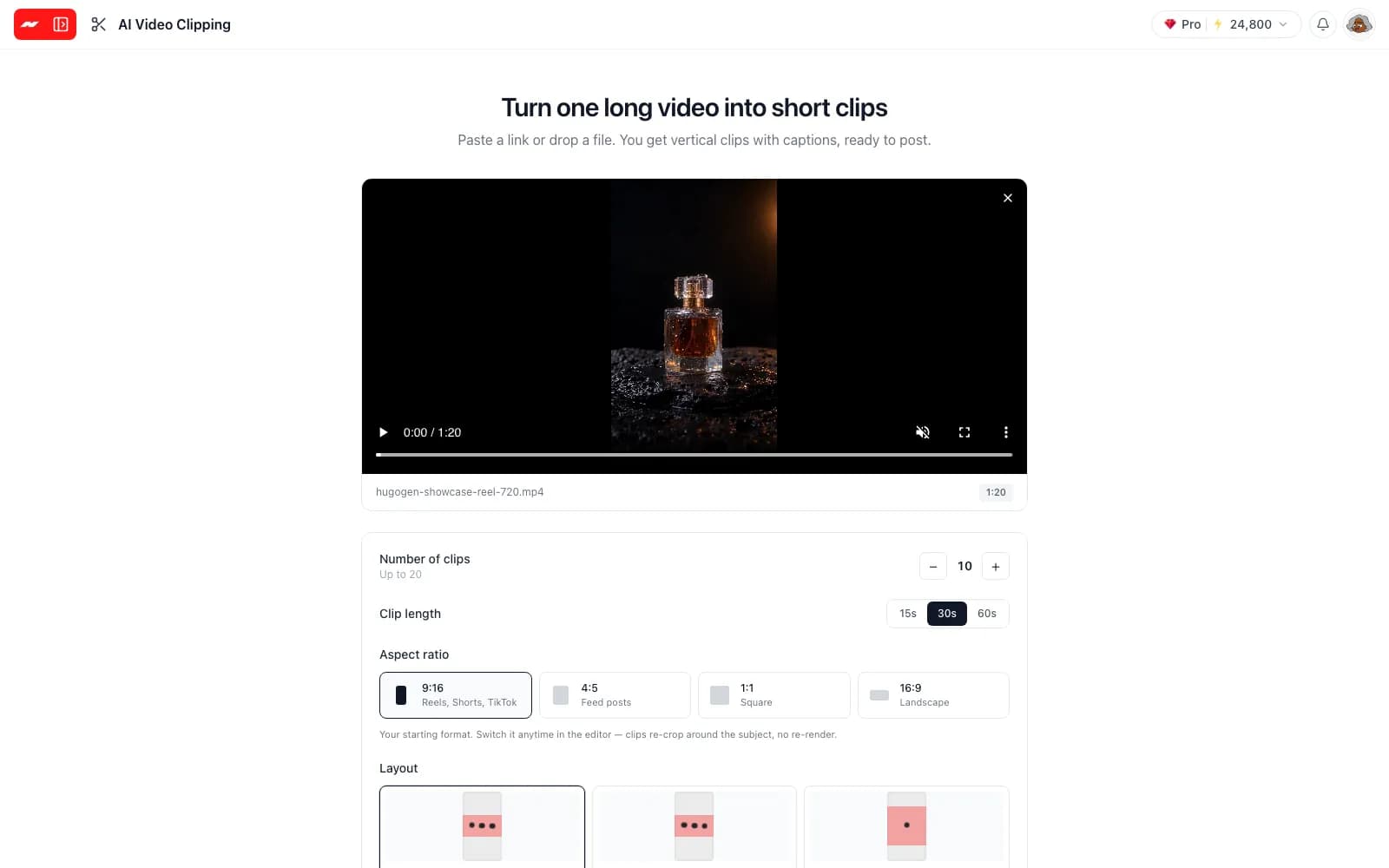 The Hugogen AI clipping screen with a video added and the number of clips, clip length and shape chosen