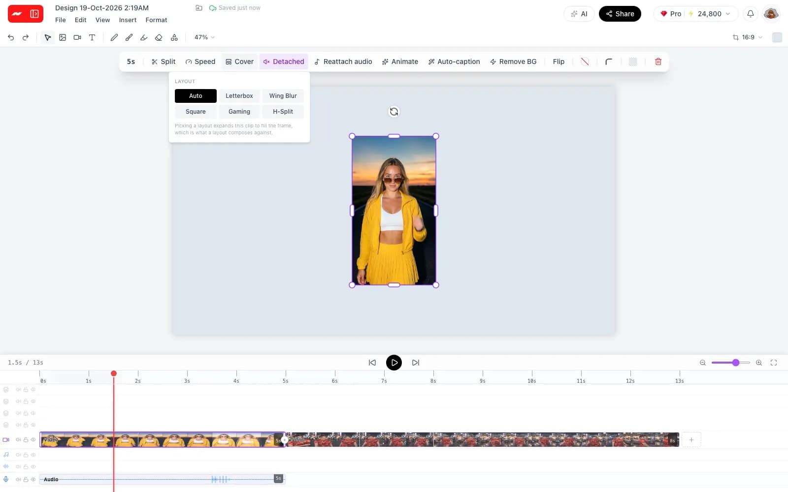 The layout menu open on a selected clip in the video editor, offering Auto, Letterbox, Wing Blur, Square, Gaming and H-Split