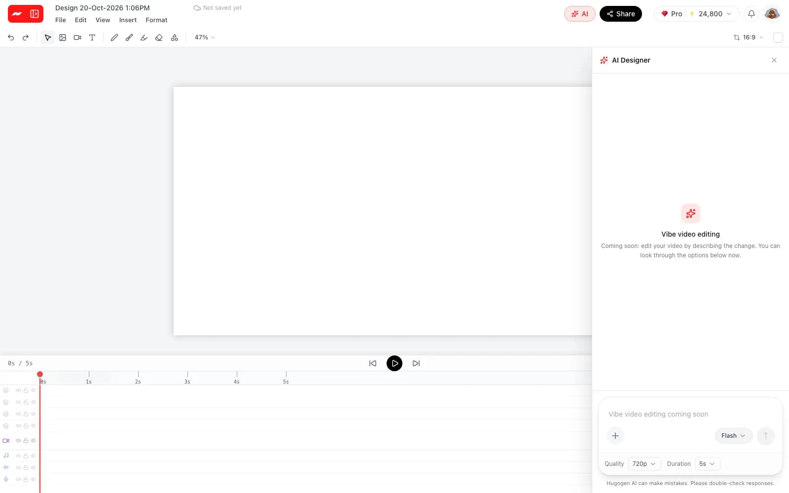 The AI panel in the Hugogen video editor showing Vibe video editing, Coming soon, with its send button off