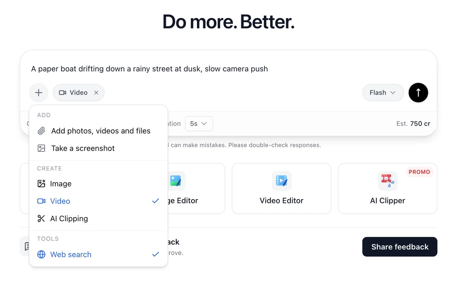 The composer's plus menu with options to add photos and to switch between Image, Video and AI Clipping