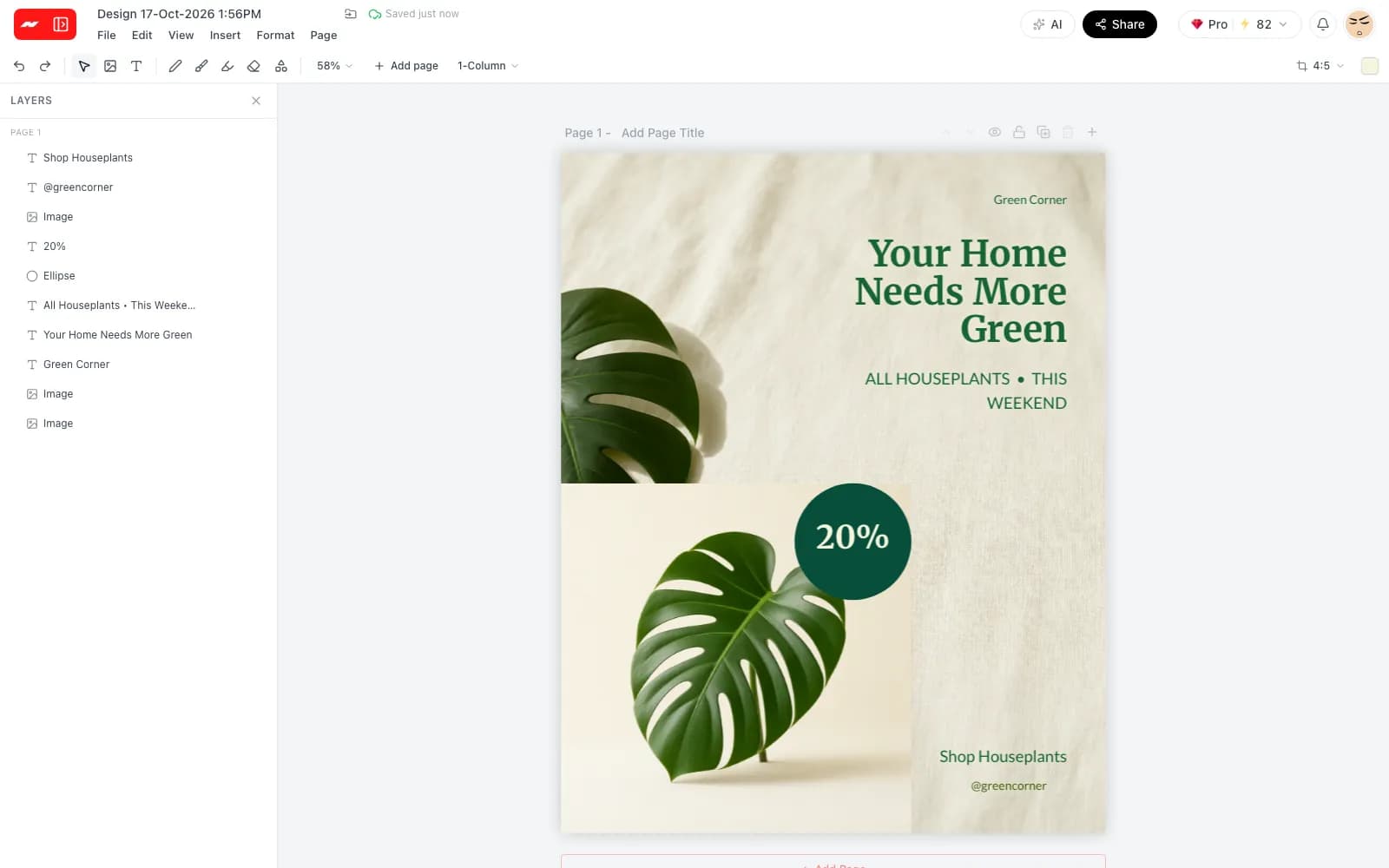 The layers panel listing every text, photo and shape in the AI-made post