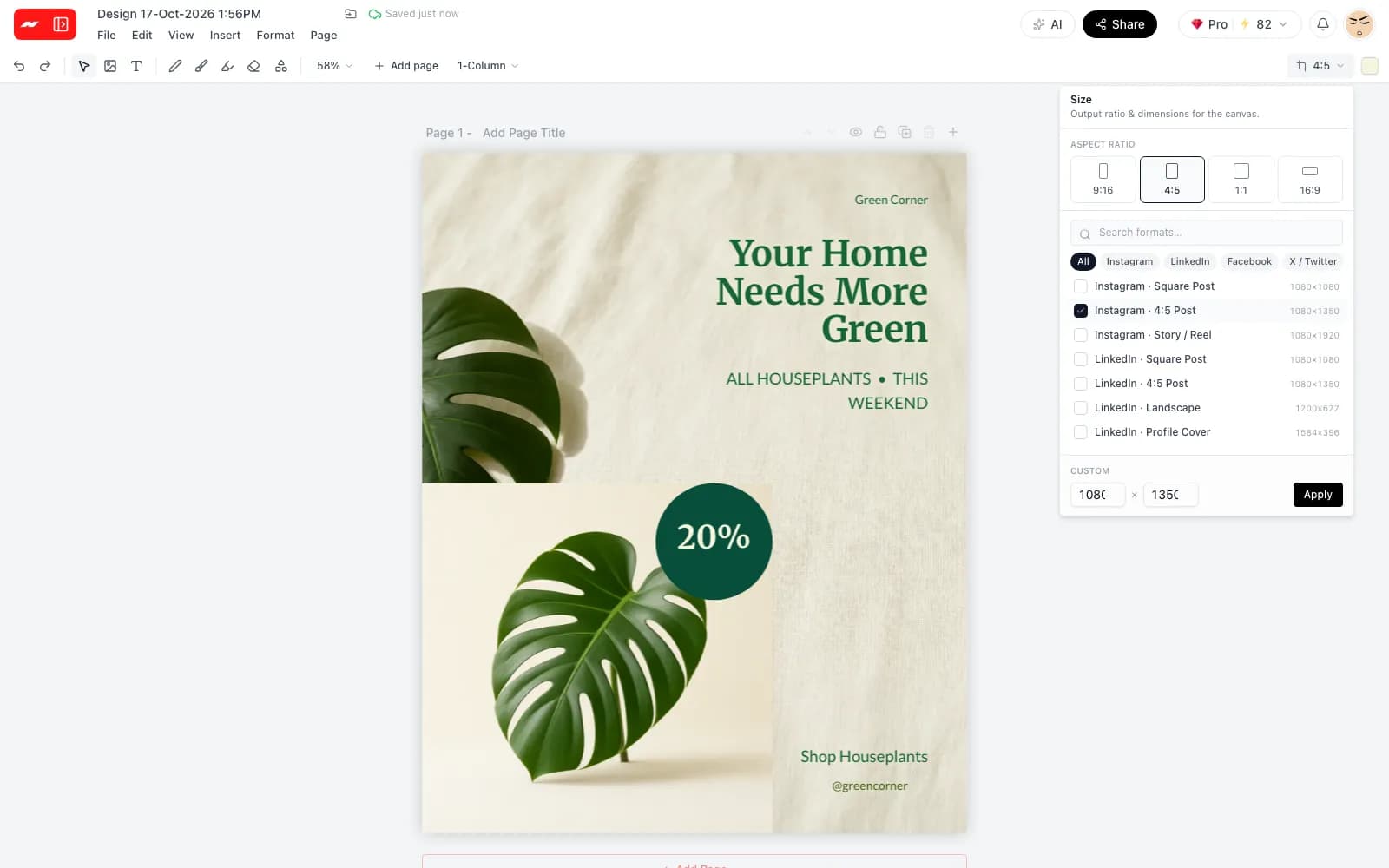 The size menu with the Instagram 4:5 post preset checked and other platform presets listed