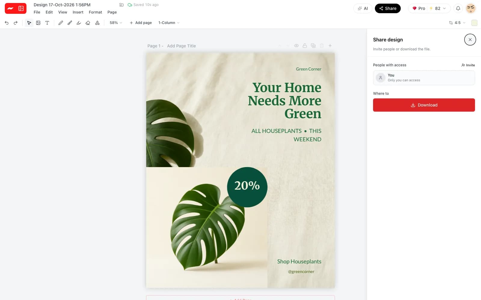 The share sheet beside the post, with an invite button and a download button