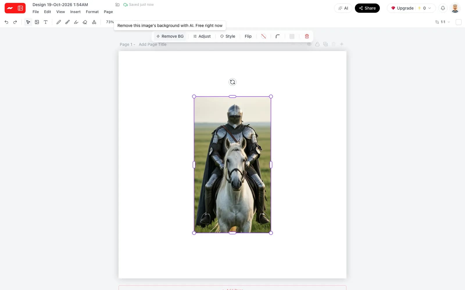 A photo of a knight on a white horse selected in the image editor, with the Remove BG button and its tooltip showing