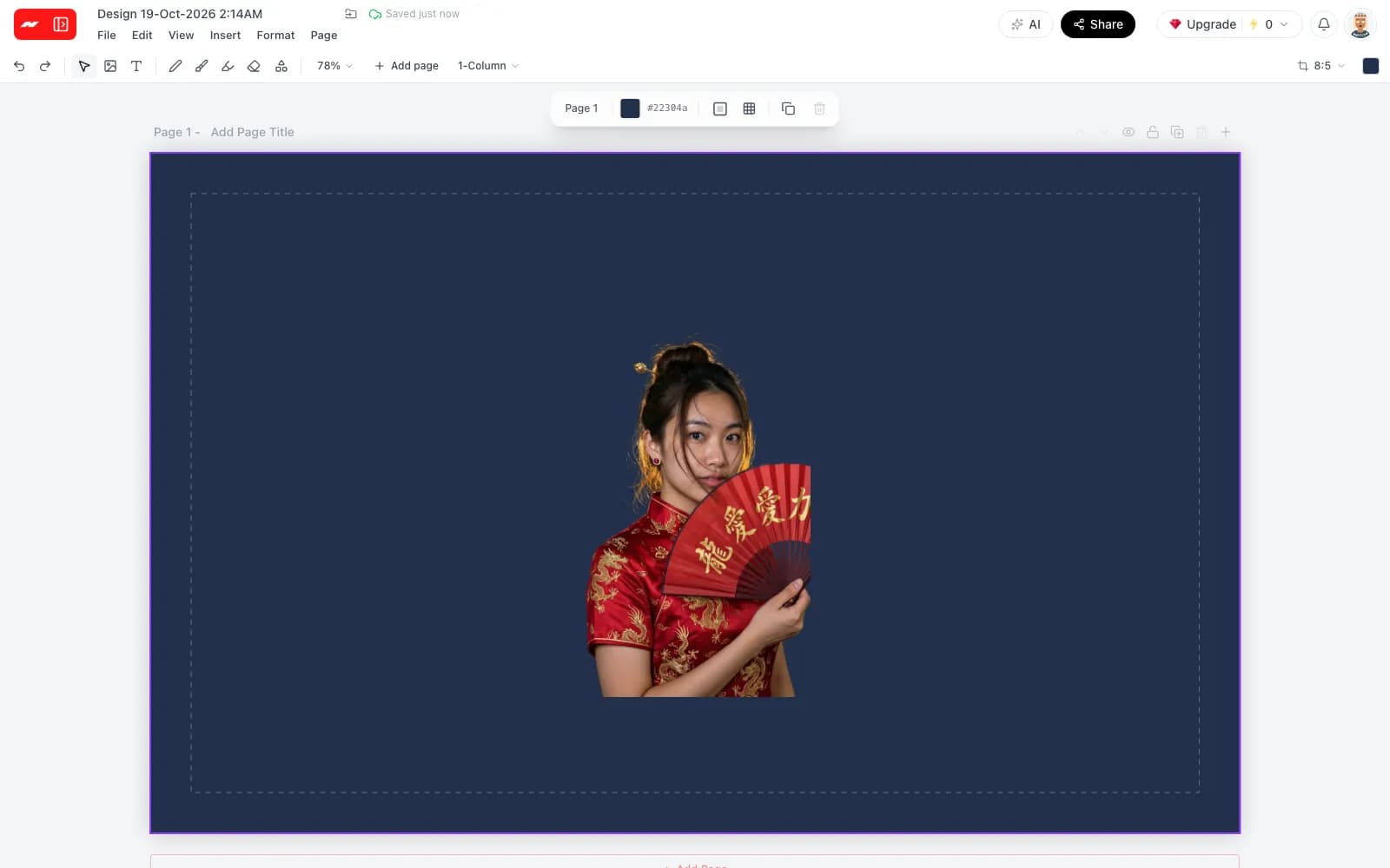 The cutout on a dark navy page, with the page color swatch and its hex code shown in the toolbar
