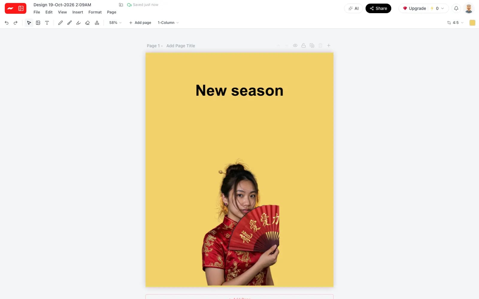 A 4:5 post with the bold headline New season above the cutout on a warm yellow page