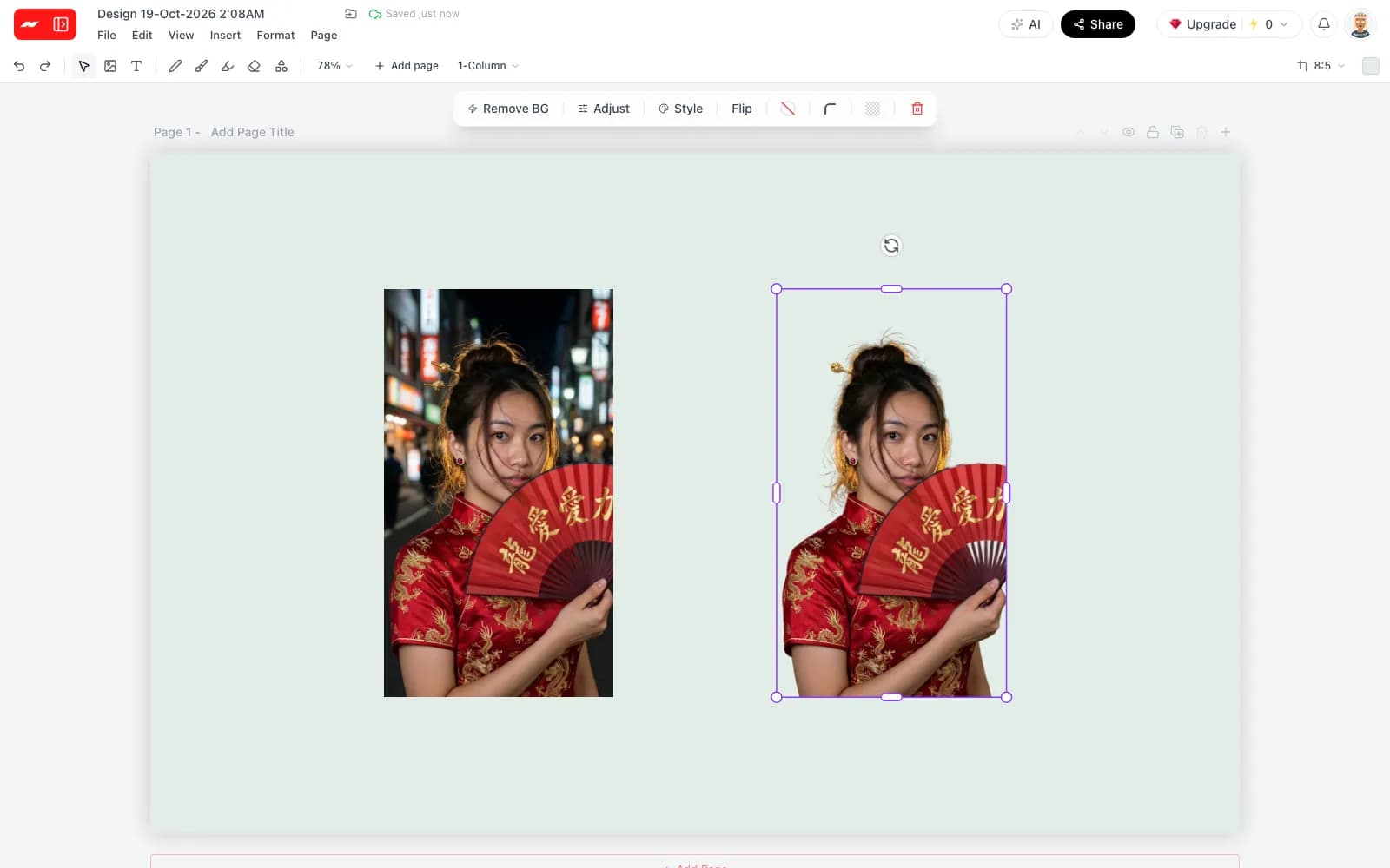 The same portrait twice in the Hugogen image editor, the original photo on the left and its cutout on a pale green page on the right