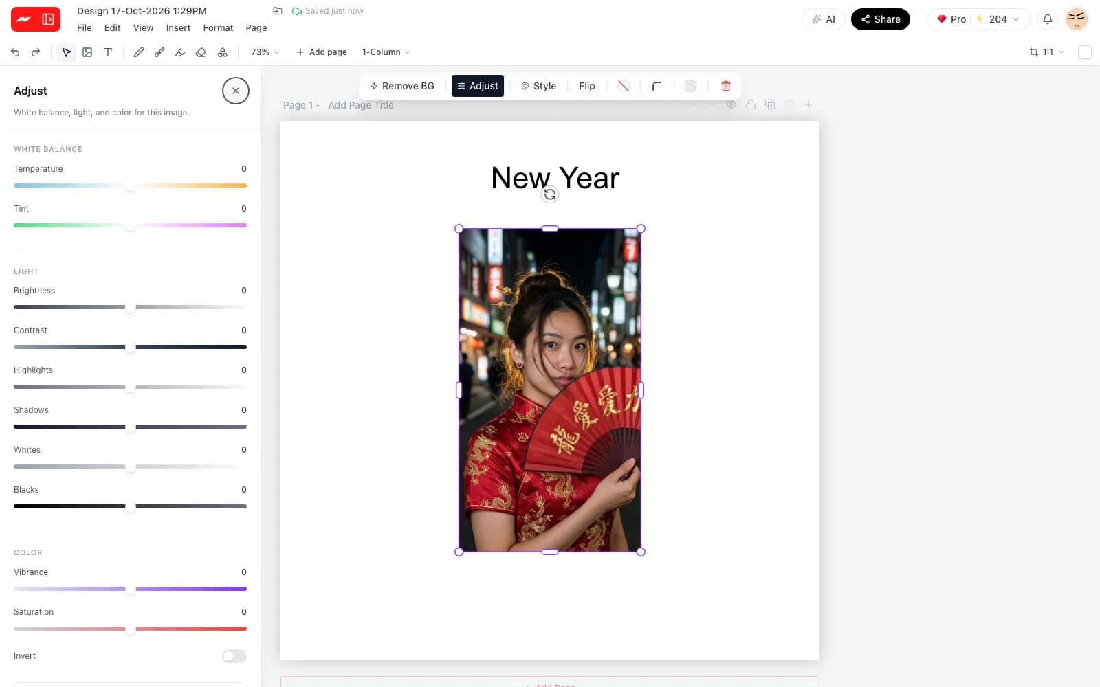 The adjust panel with light and color sliders next to a photo