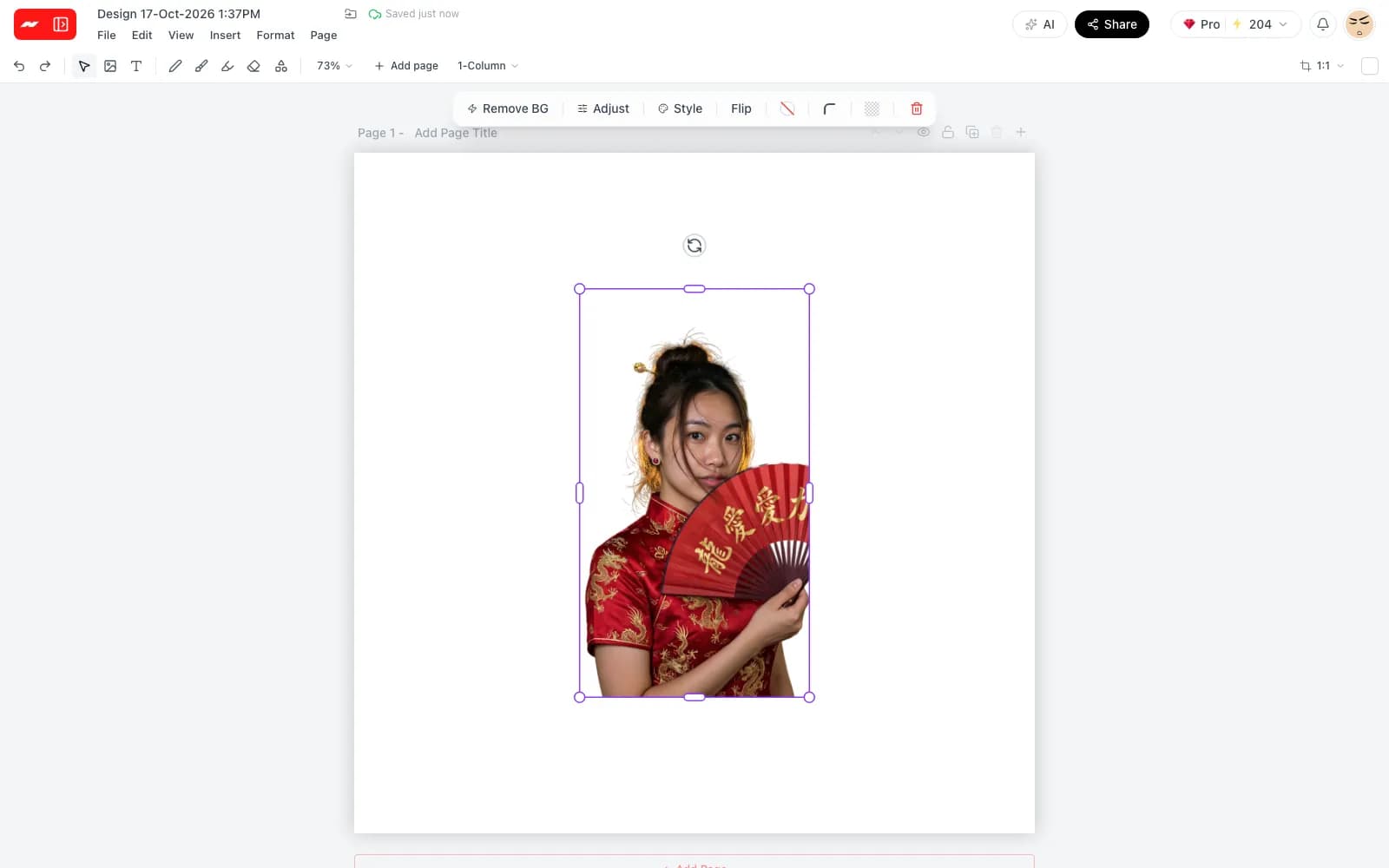 A portrait after one click on Remove BG, the cutout on a plain white page