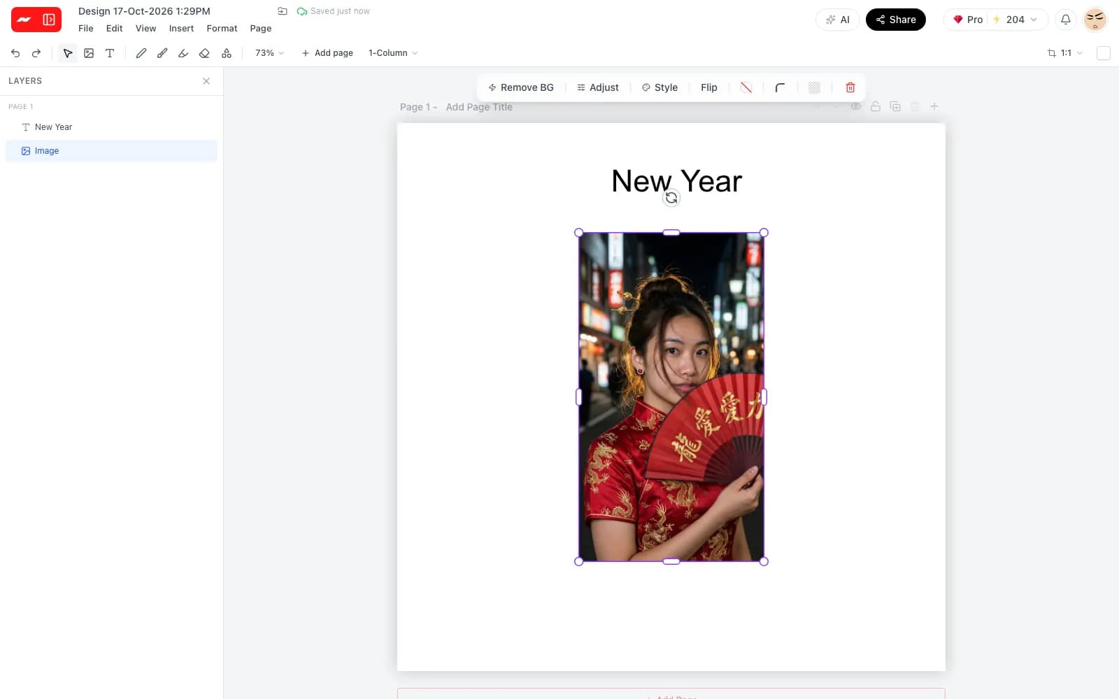 The layers panel listing a text layer and a photo, with the photo selected