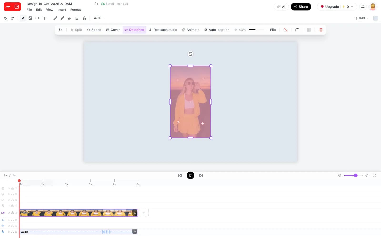 A clip under the processing overlay, with the toolbar showing 43 percent done