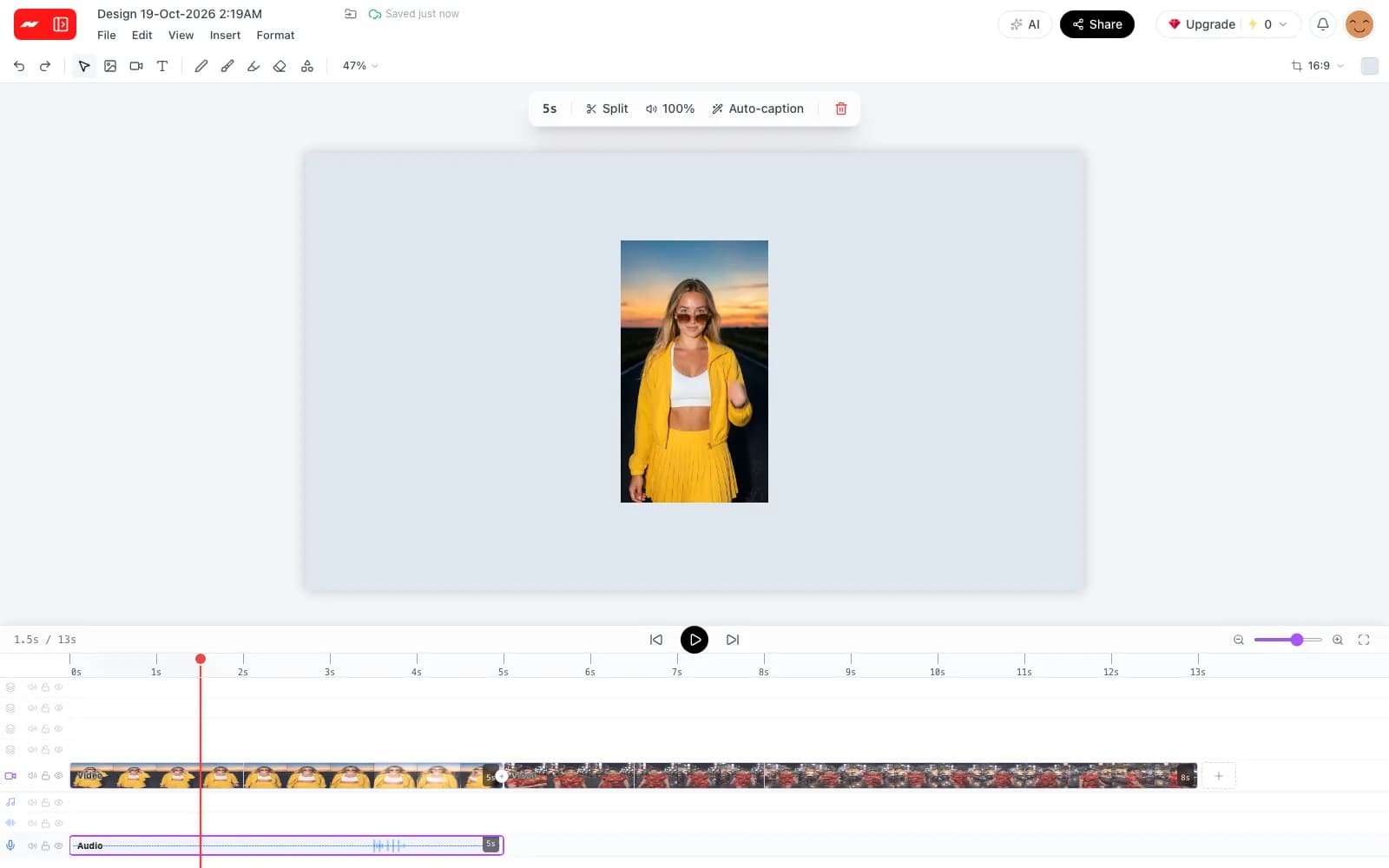 The clip's sound on a separate audio track below the video track, selected