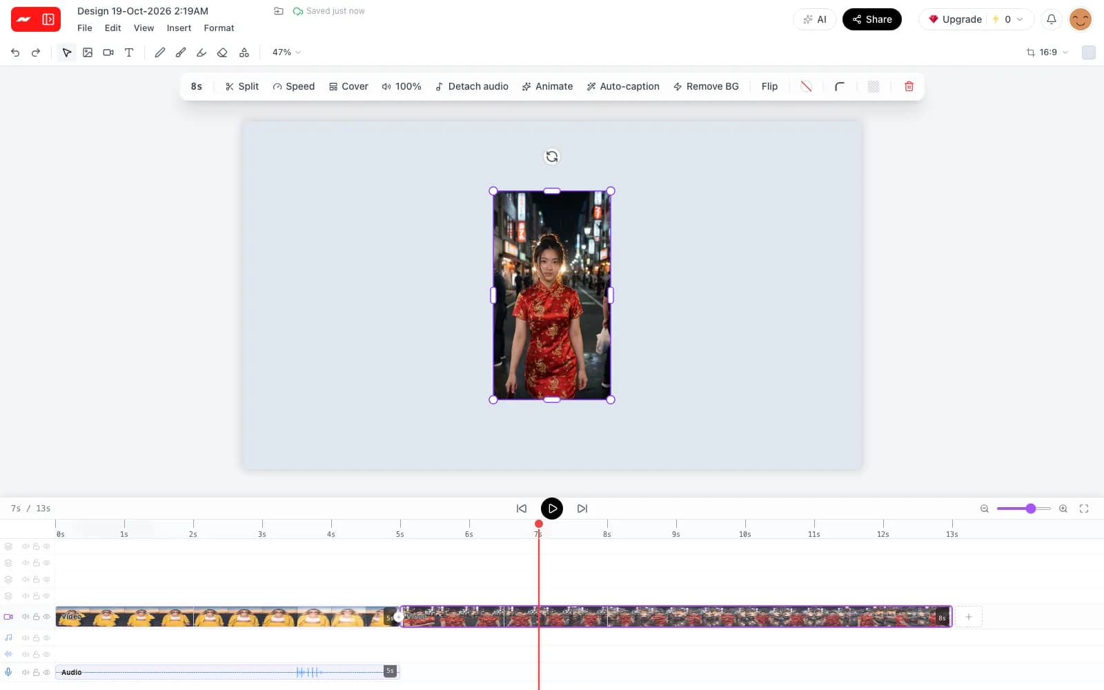 Two clips joined on the video track, the second one selected, with the first clip's sound below them