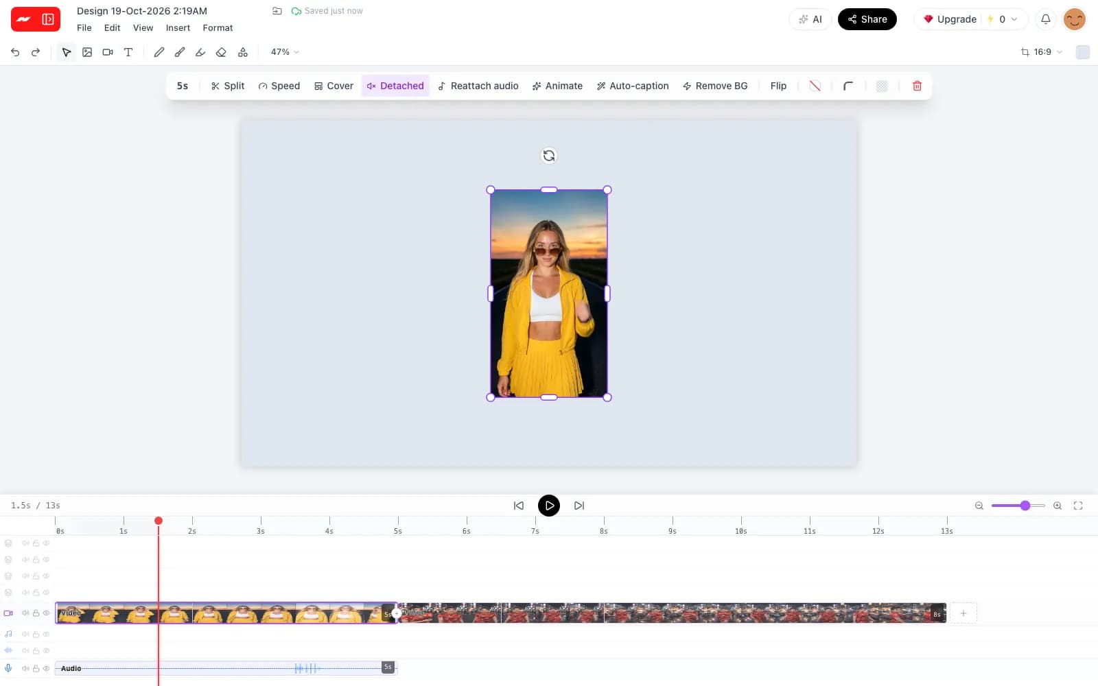 A clip of a woman in a yellow jacket selected on the Hugogen video timeline, with Remove BG in the clip toolbar