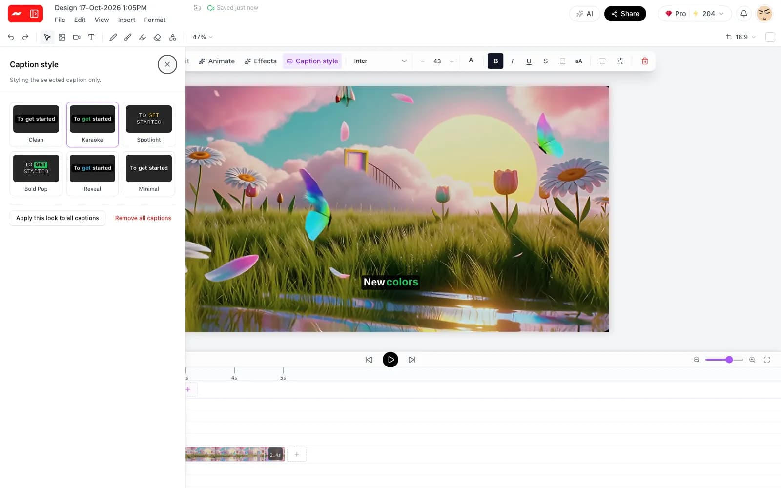 Word-by-word captions over a video, with the caption style picker open