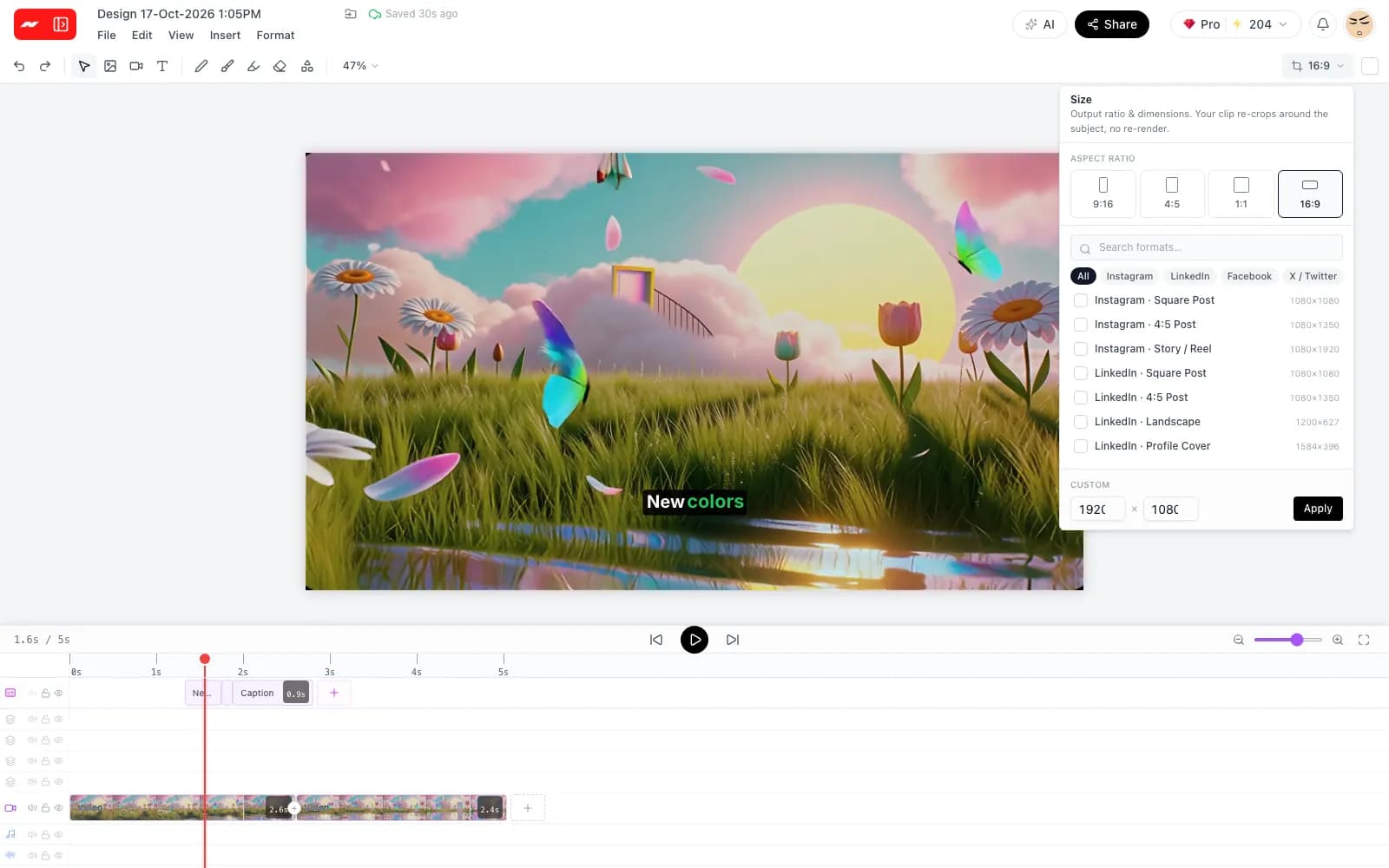 The size menu in the video editor listing vertical, portrait, square and landscape shapes