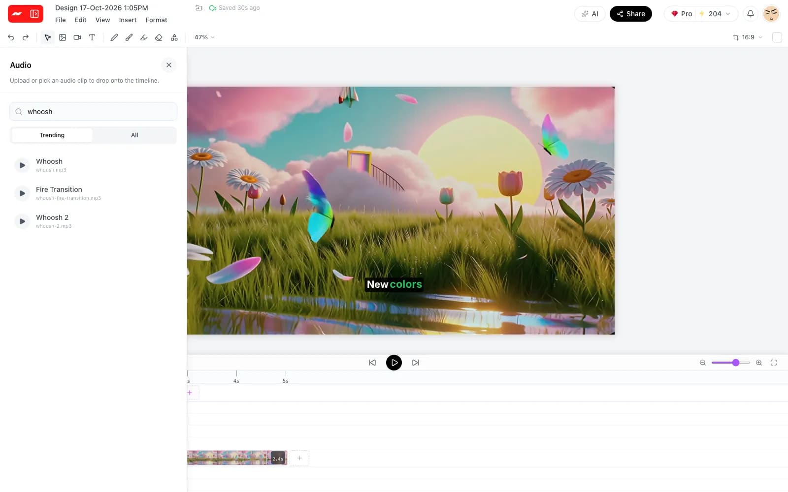 The sound library panel searched for whoosh, next to the video in the editor