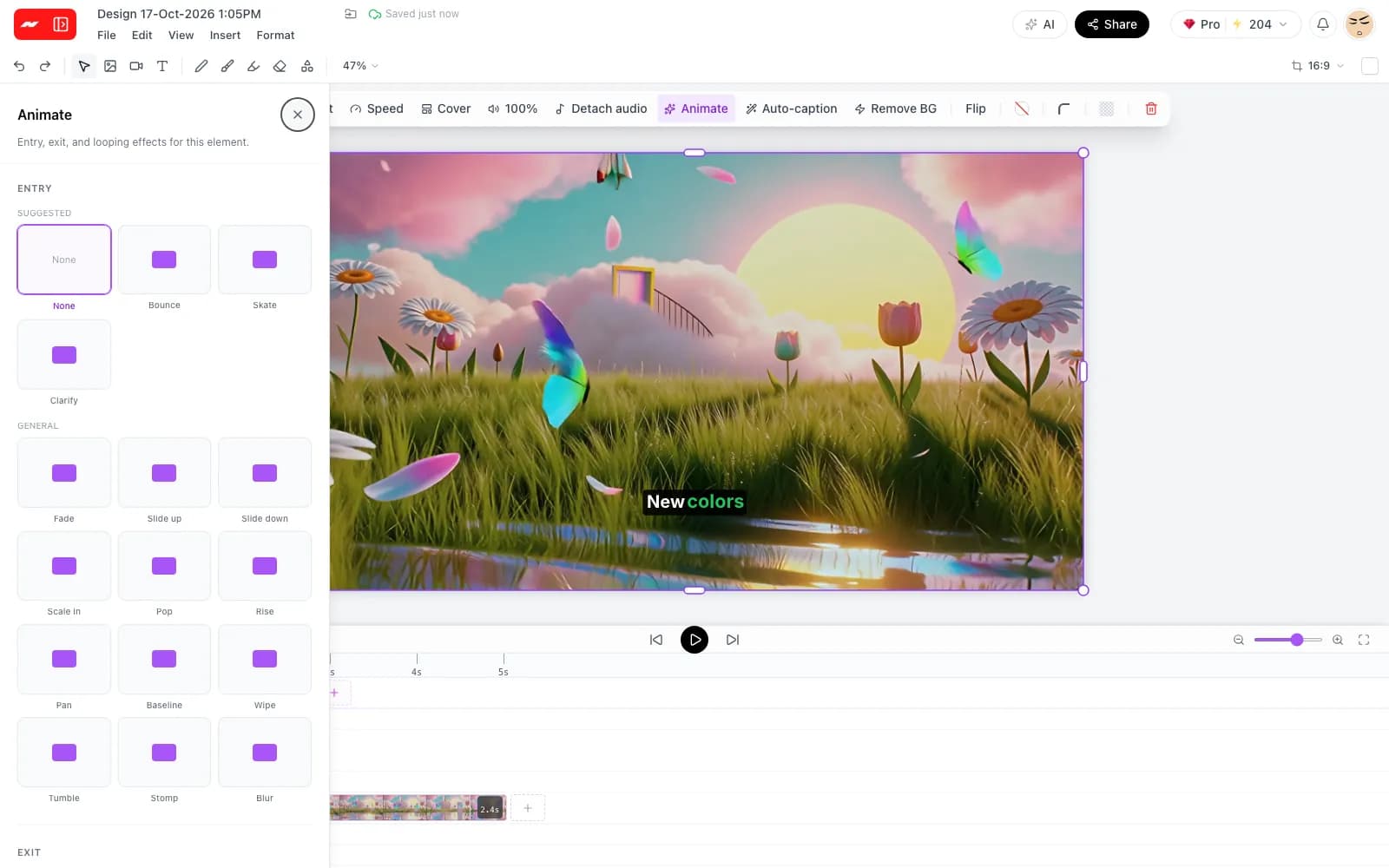 The animation gallery with entry presets for a selected video clip